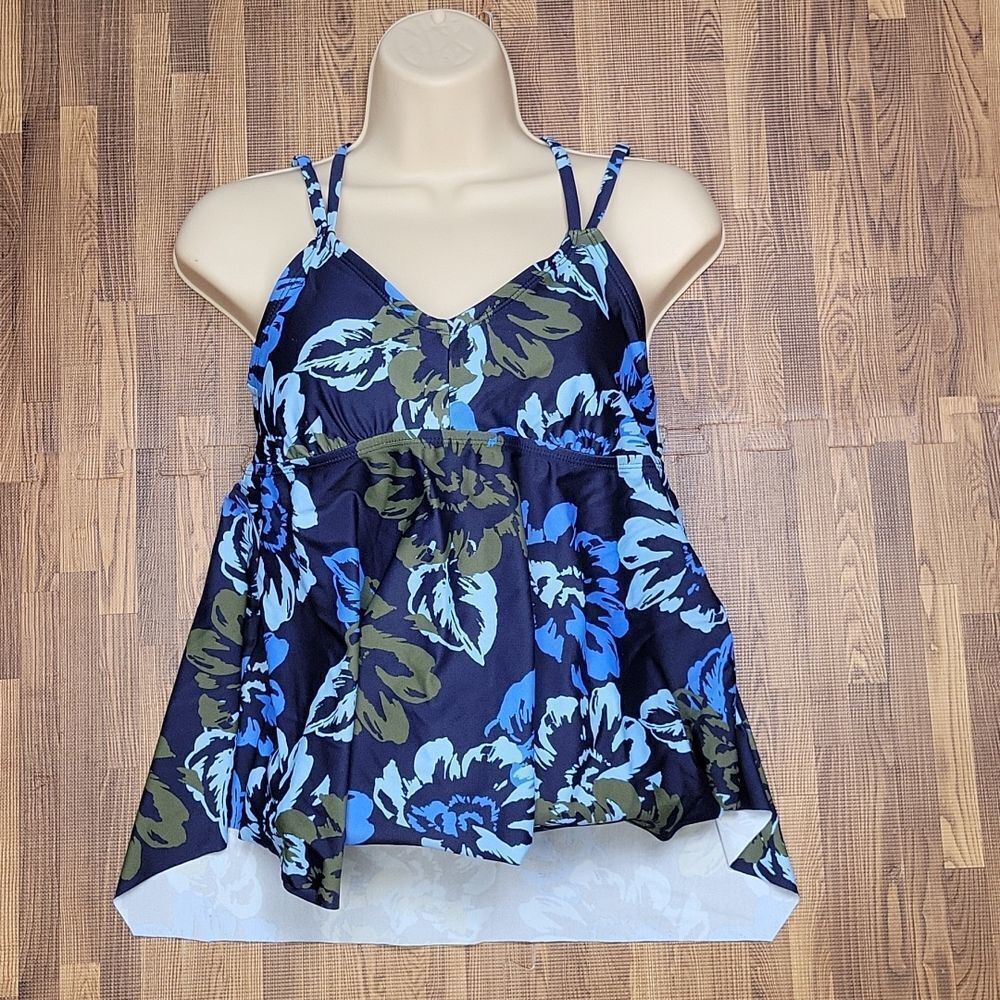 Kona Sol Blue Flower Print Swim Suite Top Size Small